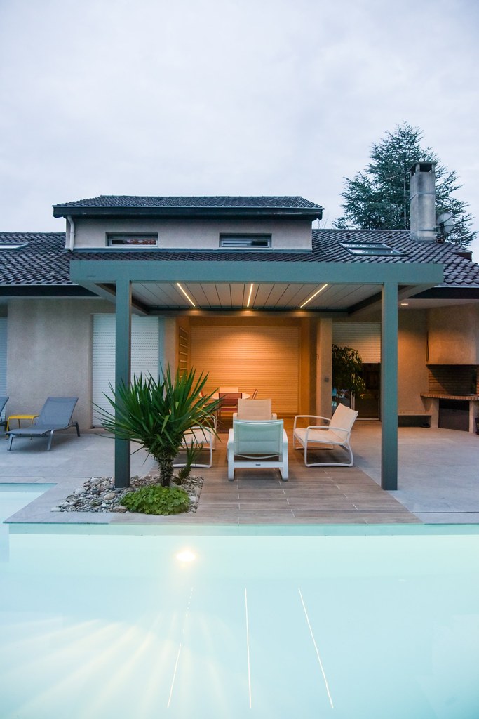 piscine, mur, terasse
